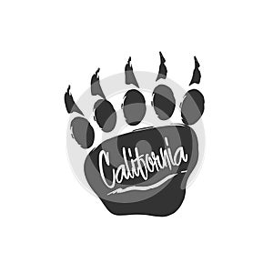 Californian bear paw print. Bear footprint with lettering and scratch. Stamp for apparel, t-shirt, textile