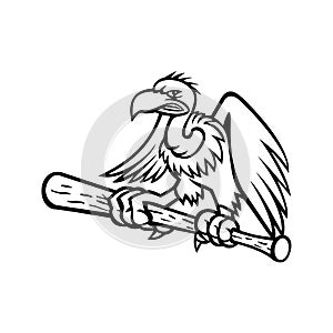 Californian Condor Clutching Perching on a Baseball Bat Mascot Black and White