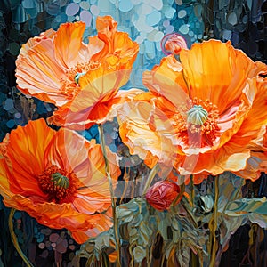 Californian poppies. Square digital oil painting, impasto, close-up, printable wall art