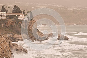 Calima-sand storm on the coastline. March 25, 2022. Nerja, Spain