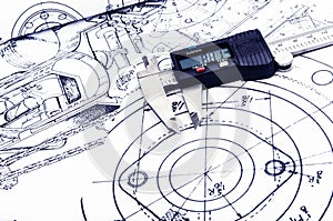 Technical plans with a caliper on the main plan - Zoom in on the caliper