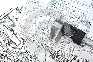 Technical plans with a caliper on the main plan - Zoom in on the caliper