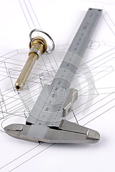 Calipers and pip-pin on a technical drawing