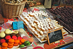 French Bakery window display Macaron and Calisson cookies photo