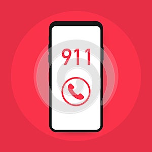 Call 911, emergency call concept. Hand holding smartphone, finger touching call button. Vector illustration.