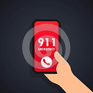Call 911 icon. Emergency call concept. Hand holding smartphone  finger touching call button call 911. Vector flat design. Mobile