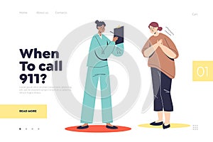 Call 911 landing page concept with woman having heart attack and chest pain and doctor cardiologist