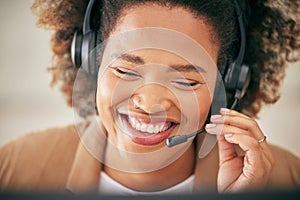 Call center, african woman and face of happy telemarketing agent consulting for customer service, tech support or CRM