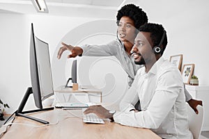 Call center, agency and mentor in customer service and telemarketing business at the office. Black people in consulting