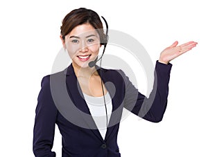 Call center agent with open hand palm for selling something