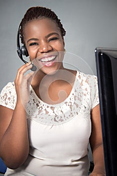 Call center agent talking and laughing