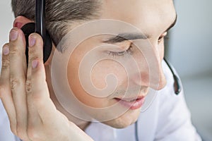 Call center agent talking to a client