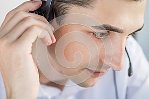 Call center agent talking to a client