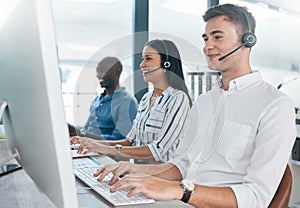 Call center, agent and telemarketing company, team and teamwork in an office or workplace working together. Contact us
