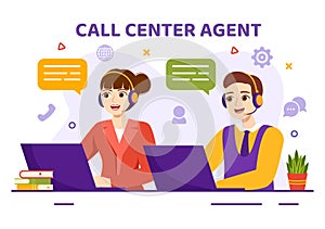 Call Center Agent Vector Illustration of Customer Service or Hotline Operator with Headsets and Computers in Flat Cartoon