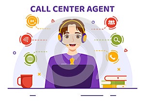 Call Center Agent Vector Illustration of Customer Service or Hotline Operator with Headsets and Computers in Flat Cartoon