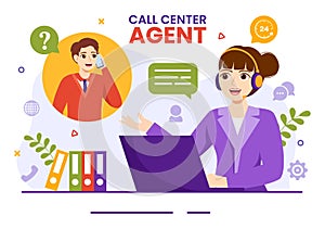 Call Center Agent Vector Illustration of Customer Service or Hotline Operator with Headsets and Computers in Flat Cartoon