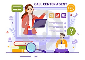 Call Center Agent Vector Illustration of Customer Service or Hotline Operator with Headsets and Computers in Flat Cartoon