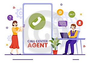 Call Center Agent Vector Illustration of Customer Service or Hotline Operator with Headsets and Computers in Flat Cartoon