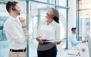 Call center agent, workers and employees working at telemarketing company, meeting about collaboration strategy and