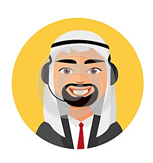 Call center arab man operator with headset icon client services phone assistance vector illustration