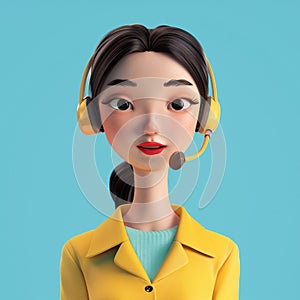 Call center asian female agent. 3d character Woman in yellow suit with a headset. Customer support line