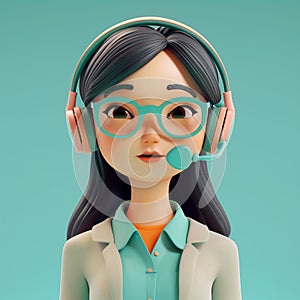 Call center Asian female agent talking. 3d character. Front view. Young woman in grey suit with a headset. Customer support line