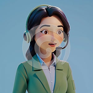 Call center asian female agent talking. 3d character. Woman in green suit with a headset. Customer support line