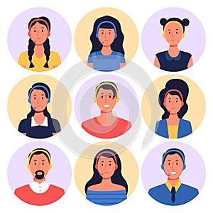 Call center assistant. Female and male characters with headset round avatars. Man and woman workers communicating