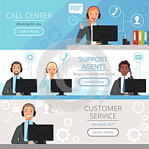 Call center banners. Support agents characters customer service phone helping operators vector cartoon illustrations