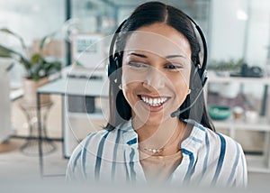 Call center, black woman and business pc conversation at a computer working on support call. Telemarketing, company