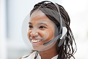Call center, black woman and customer service, consulting agency and contact us, help and telemarketing support in
