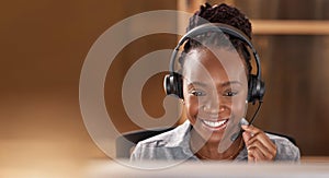 Call center, black woman and smile with space and face for telemarketing, sales and support. Professional female