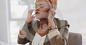 Call center, black woman and start with headphones in office for customer support, consulting and help. Woman, crm