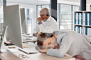 Call center burnout, tired customer service team and consultant exhausted after crm consulting, working or customer