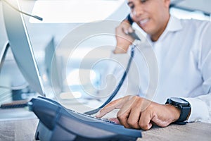 Call center business, administration consultant and sales man networking, talking and consulting on phone for crm