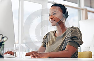 Call center, business and black woman in office consulting for contact us, crm or faq support. Customer service