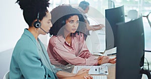 Call center, coaching and computer with women, telemarketing and communication with teamwork in office. Black woman