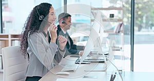 Call center, computer and advice with woman in office for consulting, customer service and business. Productivity