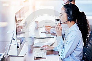 Call center, computer and consulting with woman in office for customer service, technical support or help desk