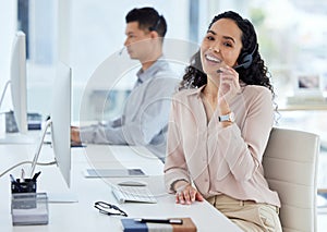 Call center, computer and portrait of woman in telemarketing office for online assistance or help. Contact, desk and