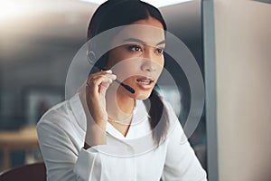 Call center, computer and problem solving with woman in telemarketing office for help or sales. Contact us, face and
