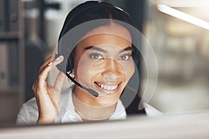 Call center, computer and smile with portrait of woman in telemarketing office for sales help. Contact, face and headset