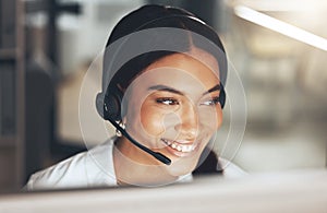 Call center, computer and smile with woman consulting in telemarketing office for help or sales. Contact us, face and