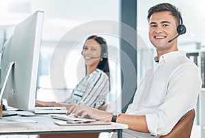 Call center, computer and team portrait for customer service, crm and telemarketing in office. Man and woman consultant