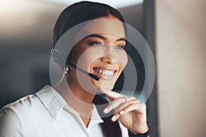 Call center, computer and thinking with smile of woman in telemarketing office for help or sales. Contact, face and