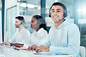 Call center, computer and typing email for contact us, CRM and customer service website in a diversity office with