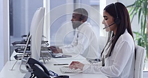 Call center, computer typing and people, agent or consultant for online communication, talking or technical support