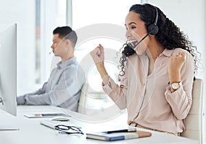 Call center, computer and winner with consultant woman in telemarketing office for online assistance or help. Contact
