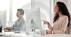 Call center, computer and woman agent in office for telemarketing crm online consultation. Communication, customer